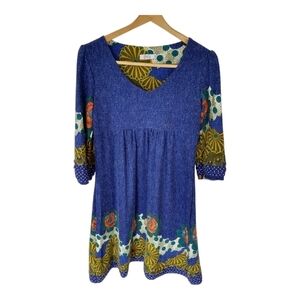 Dily sweater Dress Blue with floral pattern bell sleeves Size M